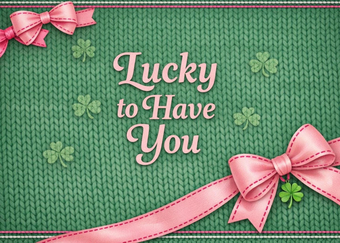Shamrock Greeting Card Holiday Message Lucky Clover Knitted Design Irish Celebration Patrick Day Green Pink Ribbon Handmade Cloqette Kraft