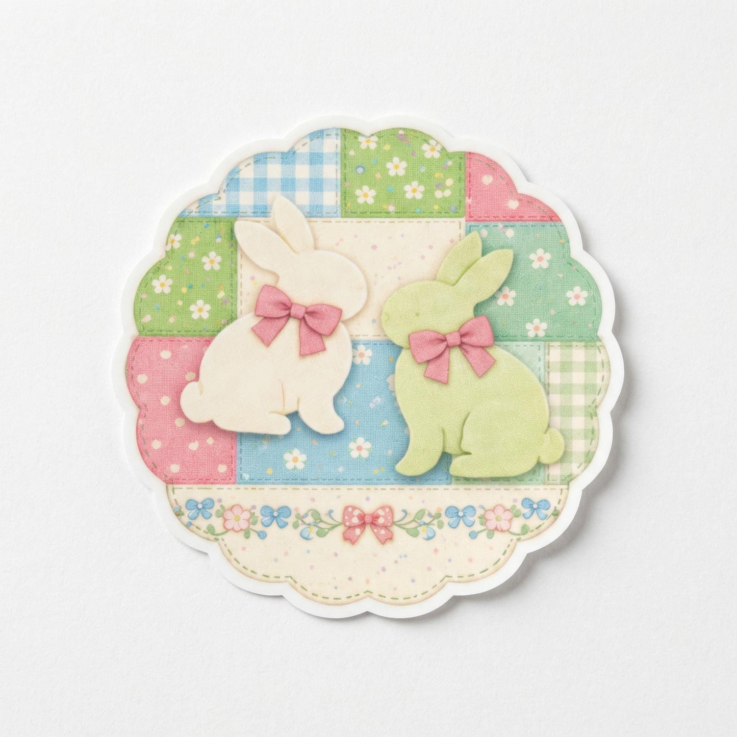 Easter Bunny Sticker Pastel Rabbit Patchwork Pattern Vinyl Waterproof Bunny Art Scalloped Edge Design Cloqette Spring Holiday Craft