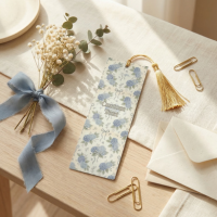 Blue hydrangea floral bookmark with gold tassel for reading and stationery