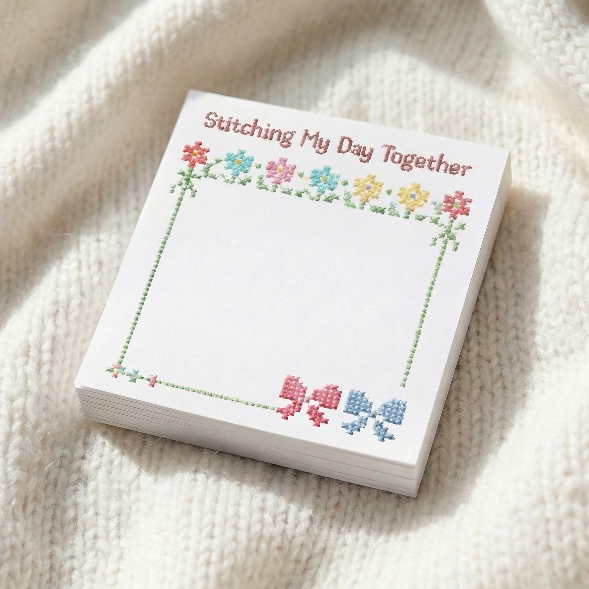 Cross Stitch Sticky Note Pad Decorative Floral Design Colorful Flowers Bows Stitching My Day Together Text Craft Room Stationery Three By Three Inch Sixty Sheets Adhesive Backing Needlework Theme Office Supply Sewing Room Decor Crafting