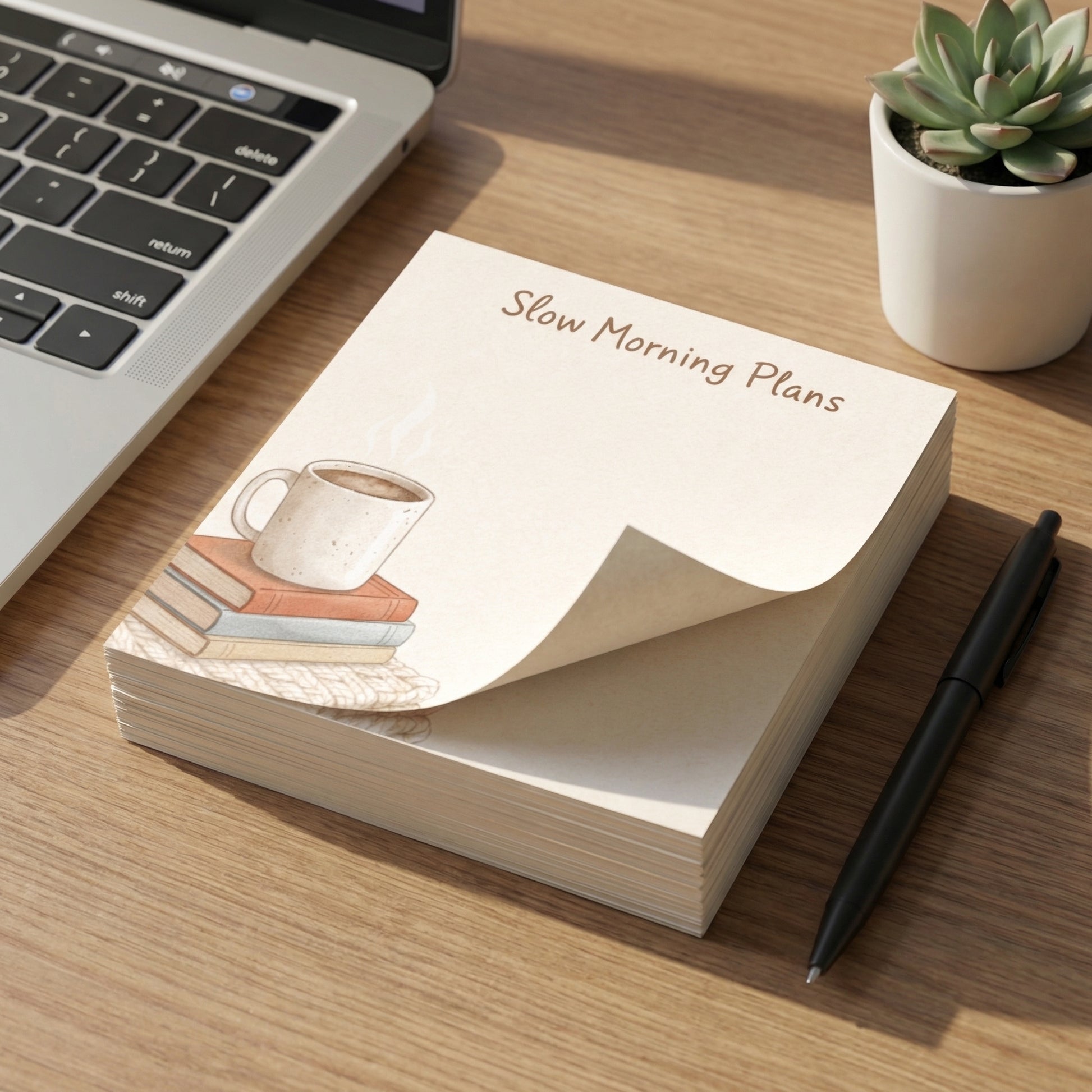 Coffee Lover Gift Slow Morning Notepad Minimalist Sticky Notes Planning Pad Premium Quality Paper Daily Planner Notes Cozy Desk Accessory Morning Routine Helper Three Inch Square Sixty Sheet Notepad Warm Tones Coffee Mug Design Book Stack
