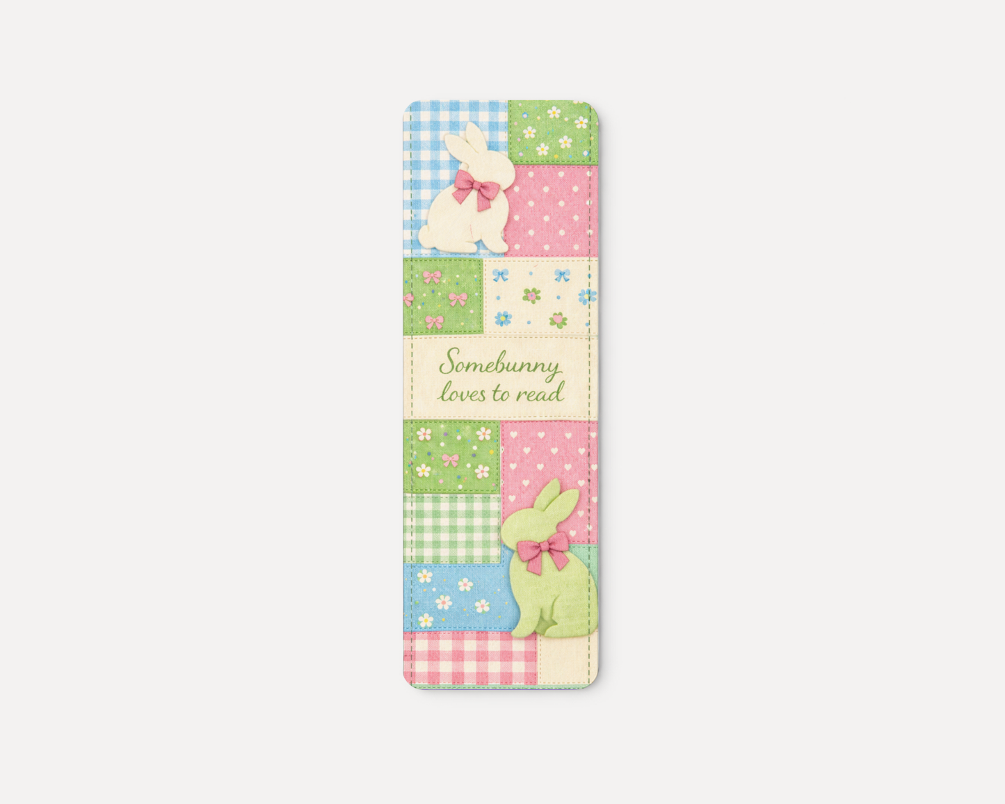 Book Lover Easter Gift Bunny Bookmark Design Patchwork Pattern Illustration Pastel Color Palette Reading Accessory Collection Premium Photo Paper Quality Rounded Corner Finish Easter Basket Stuffer Idea Spring Holiday Theme Cute Reading
