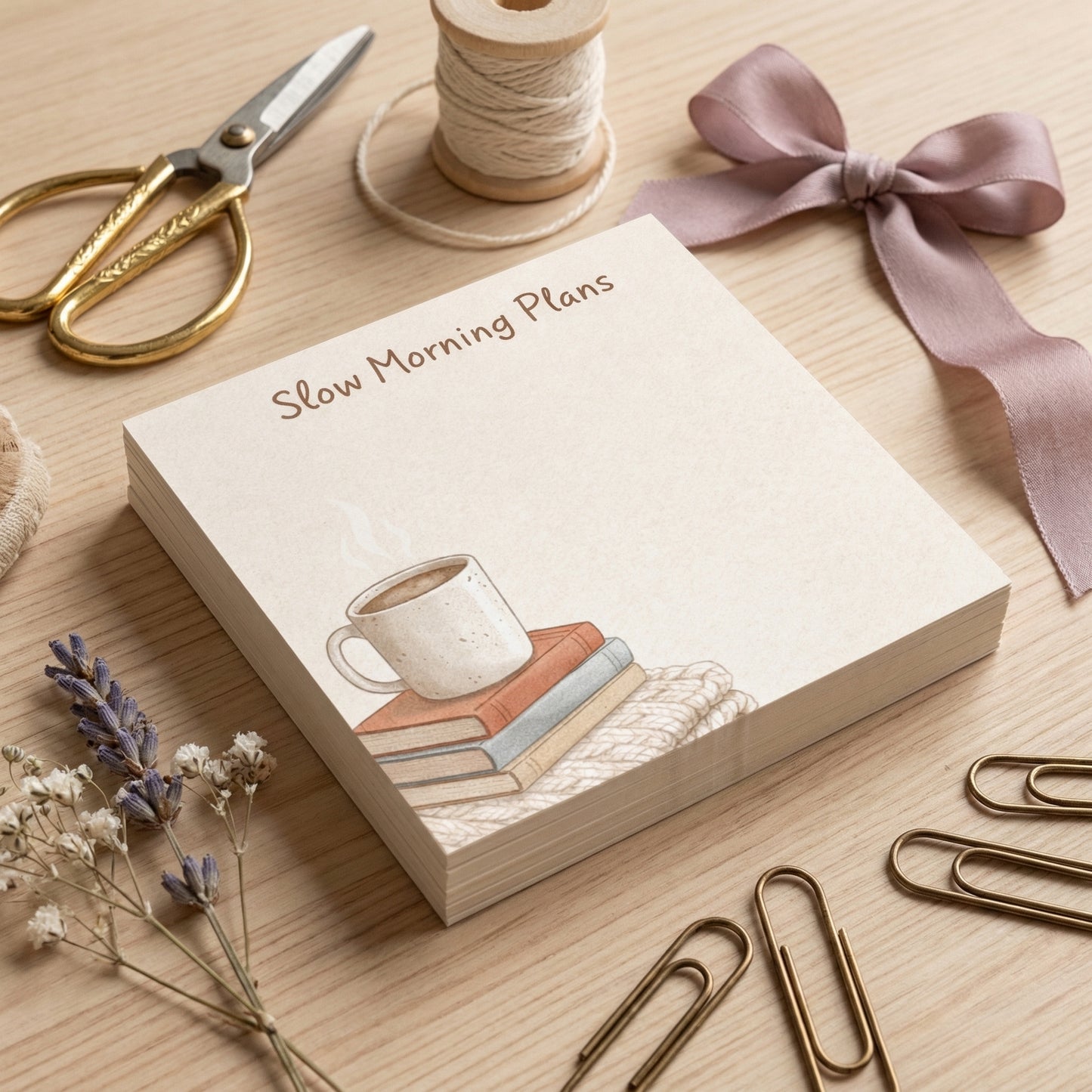 Minimalist Desk Organizer Slow Morning Planner Sticky Note Pad Coffee Themed Design Premium Paper Notes Cozy Aesthetic Planner Three Inch Square Sixty Sheets Warm Tones Book Stack Illustration Coffee Mug Drawing Daily Planning Tool Perfect