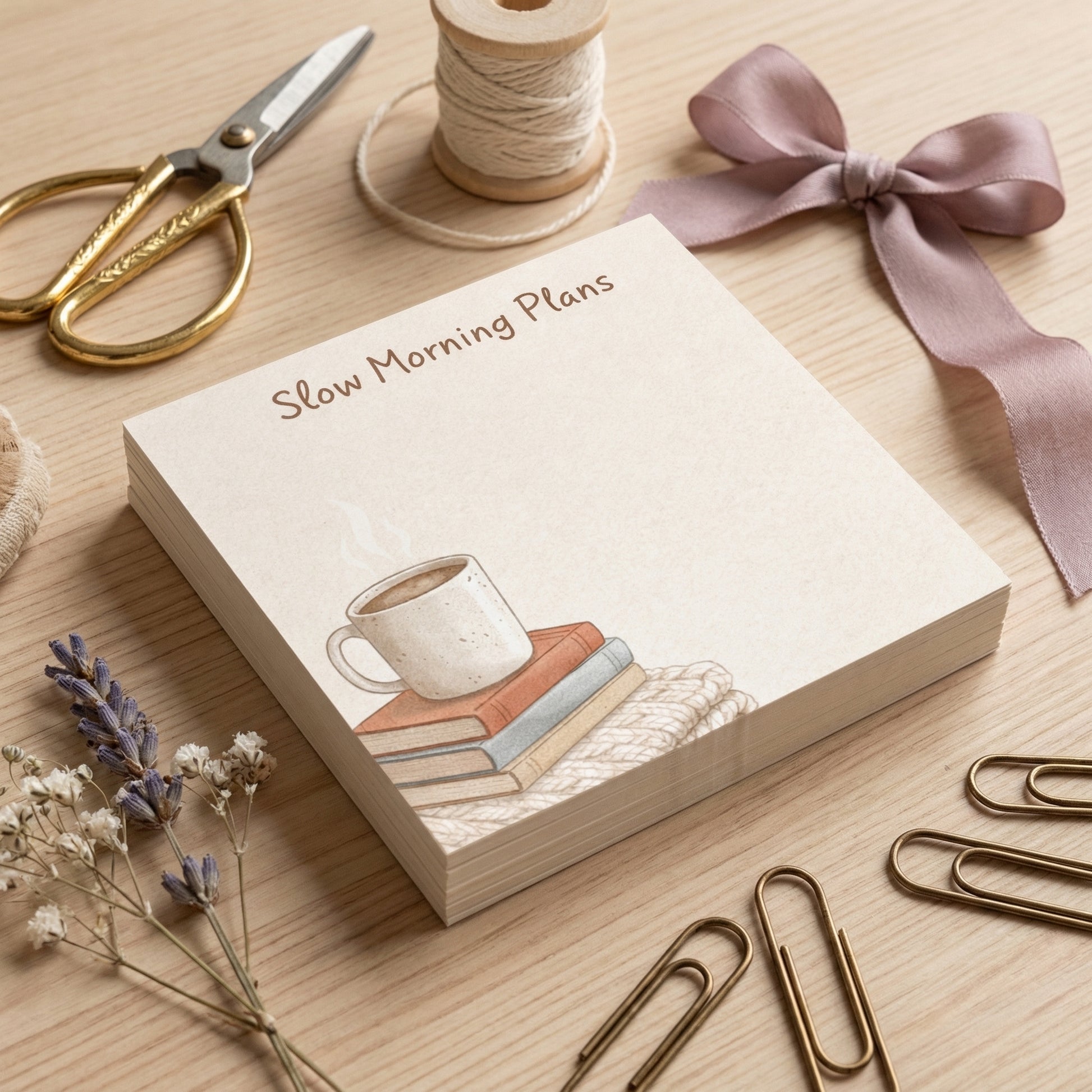 Minimalist Desk Organizer Slow Morning Planner Sticky Note Pad Coffee Themed Design Premium Paper Notes Cozy Aesthetic Planner Three Inch Square Sixty Sheets Warm Tones Book Stack Illustration Coffee Mug Drawing Daily Planning Tool Perfect