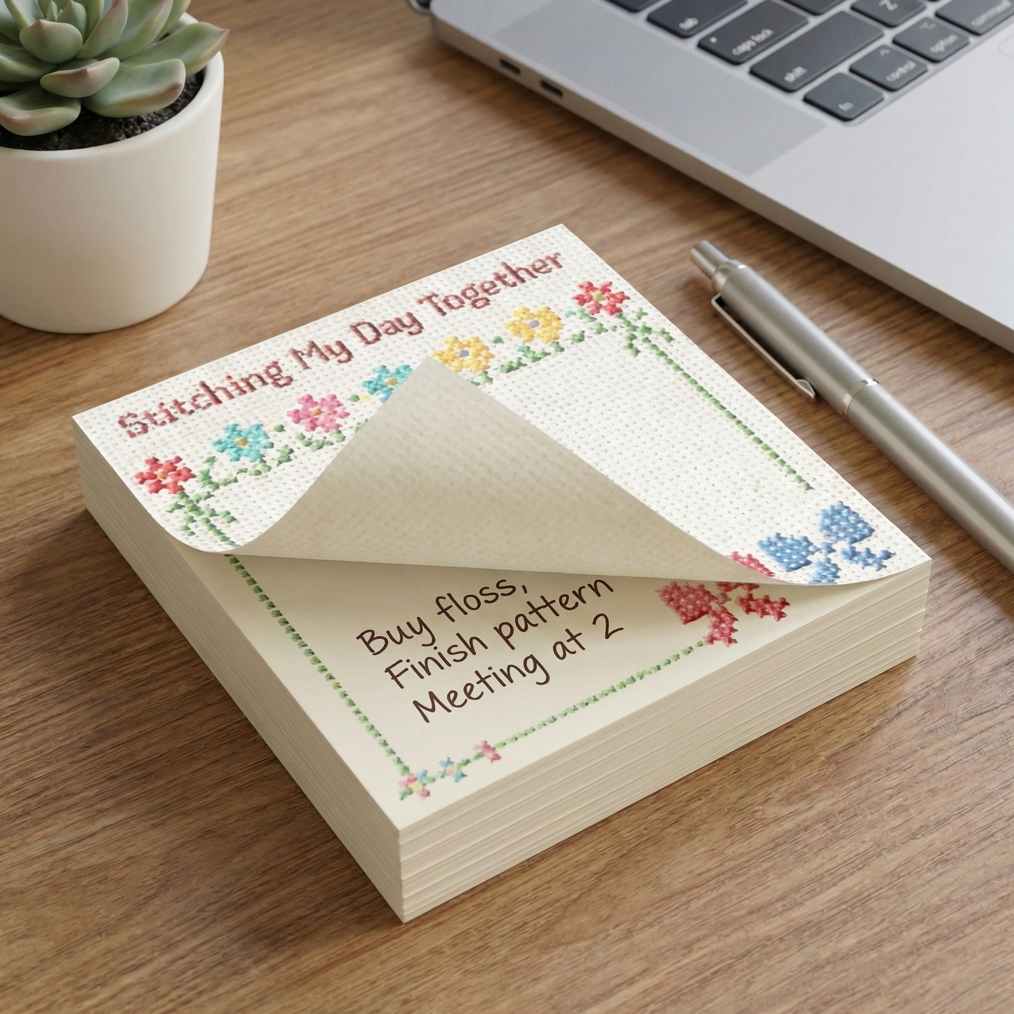 Cross Stitch Sticky Note Pad – Decorative Floral Craft Room Stationery