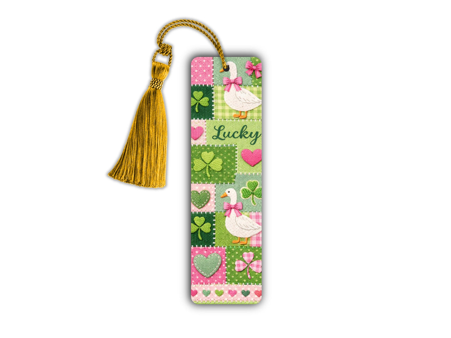 Clover Bookmark Patchwork Goose Design Lucky Charm Reading Accessory Pink Green Heart Irish Gift Tassel Book Marker Decorative Shamrock Book