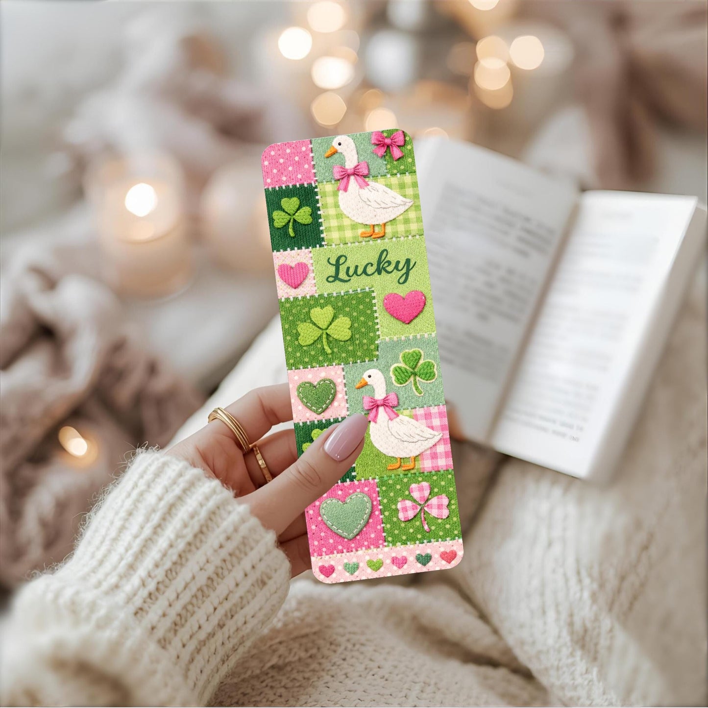 Clover Bookmark Patchwork Goose Design Lucky Charm Reading Accessory Pink Green Heart Irish Gift Tassel Book Marker Decorative Shamrock Book