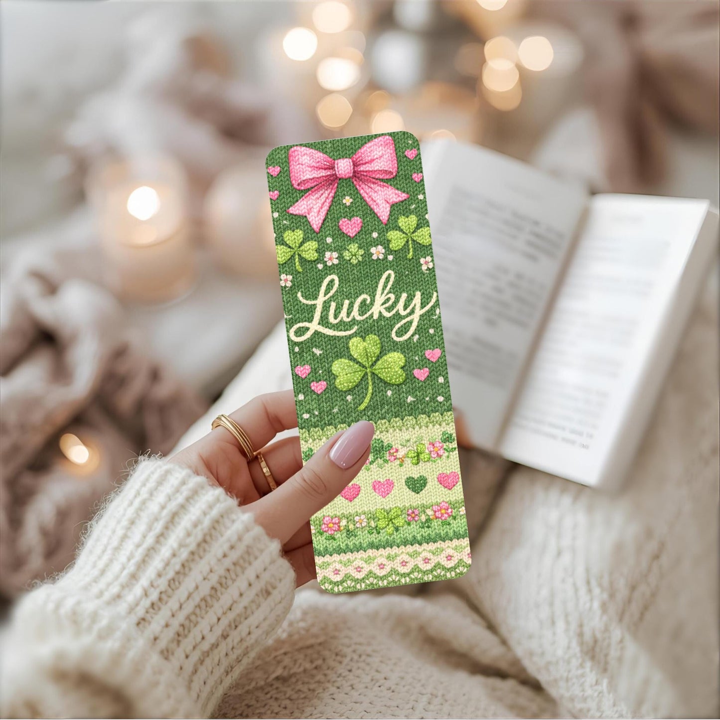 Irish Bookmark Gift Teacher Appreciation Reading Accessory Shamrock Design Knitted Pattern Clover Decoration Lucky Charm Bow Aesthetic