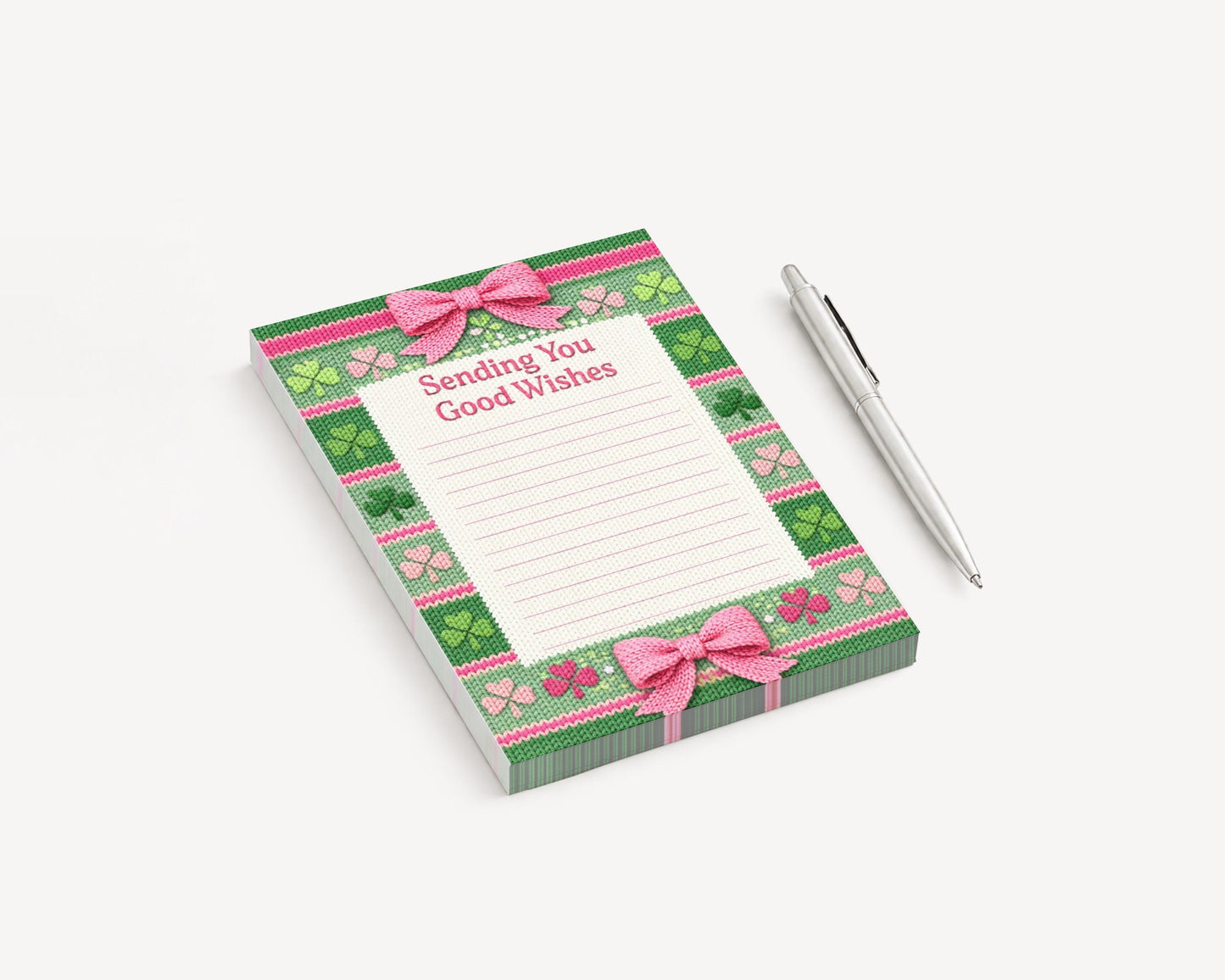 Shamrock Notepad Lined Paper Pad Desk Organization Office Supplies Writing Stationery Irish Design Clover Decoration Goose Motif Bow Accent