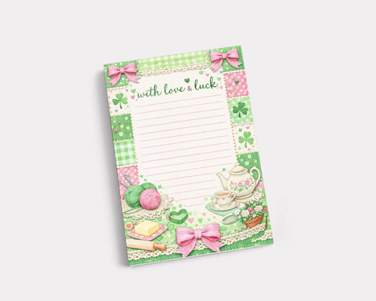 Shamrock Notepad Stationery Tea Time Writing Pad Lined Paper Clover Design Cottage Core Grandma Aesthetic Green Pink Bow Decoration Irish