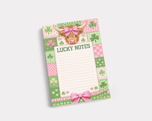 Highland Cow Notepad Shamrock Design Pink Bow Farm Animal Lined Paper Tear Off Desk Stationery Country Style Irish Theme Cottagecore