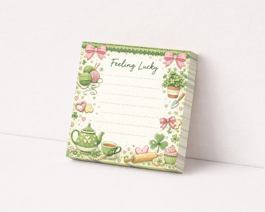 St Patrick Sticky Note Pad Grandma Core Teapot Paper Craft Accessory Desk Organization Irish Pattern Shamrock Clover Cottagecore notepad