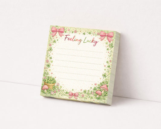 Cute Sticky Note Pad Floral Memo Office Supply Teacher Gift Cottage Core Clover Design Cloqette Style Mushroom Illustration Green Stationery