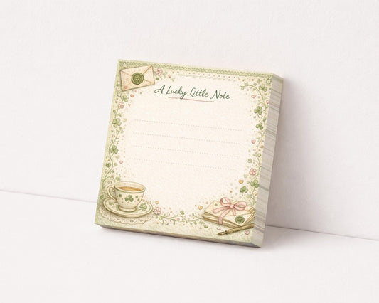 Shamrock Sticky Note Pad Stationery Desk Accessory Tea Cup Vintage Design Clover Motif Green Paper Writing Block Office Decoration Grandma