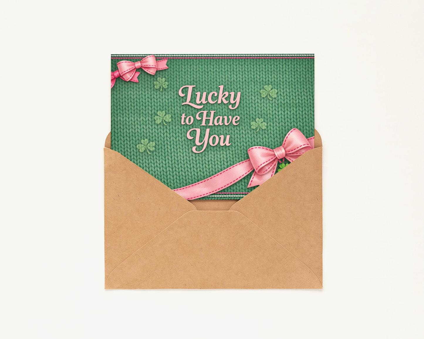 Shamrock Greeting Card Holiday Message Lucky Clover Knitted Design Irish Celebration Patrick Day Green Pink Ribbon Handmade Cloqette Kraft