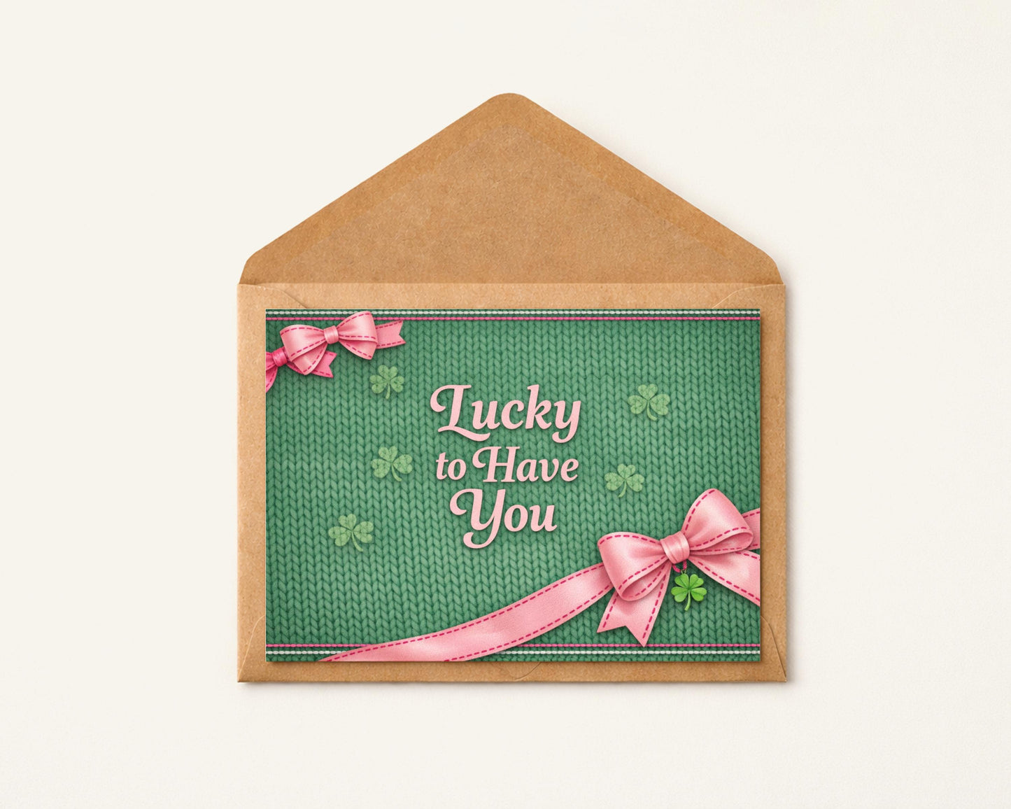 Shamrock Greeting Card Holiday Message Lucky Clover Knitted Design Irish Celebration Patrick Day Green Pink Ribbon Handmade Cloqette Kraft