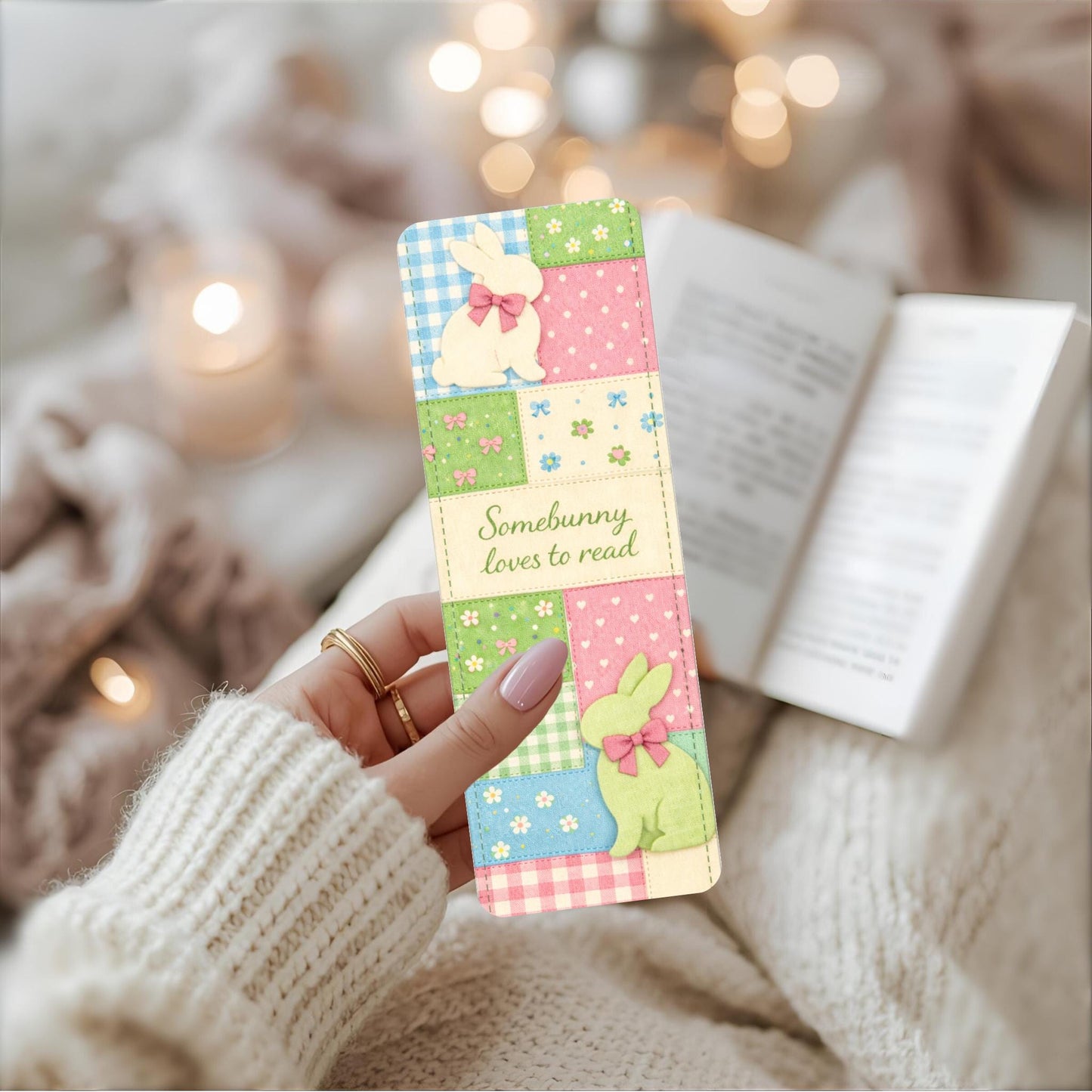Easter Bunny Bookmark Patchwork Design Pastel Colors Gingham Pattern Reading Accessory Spring Gift Child Reader Classroom Reward Teacher