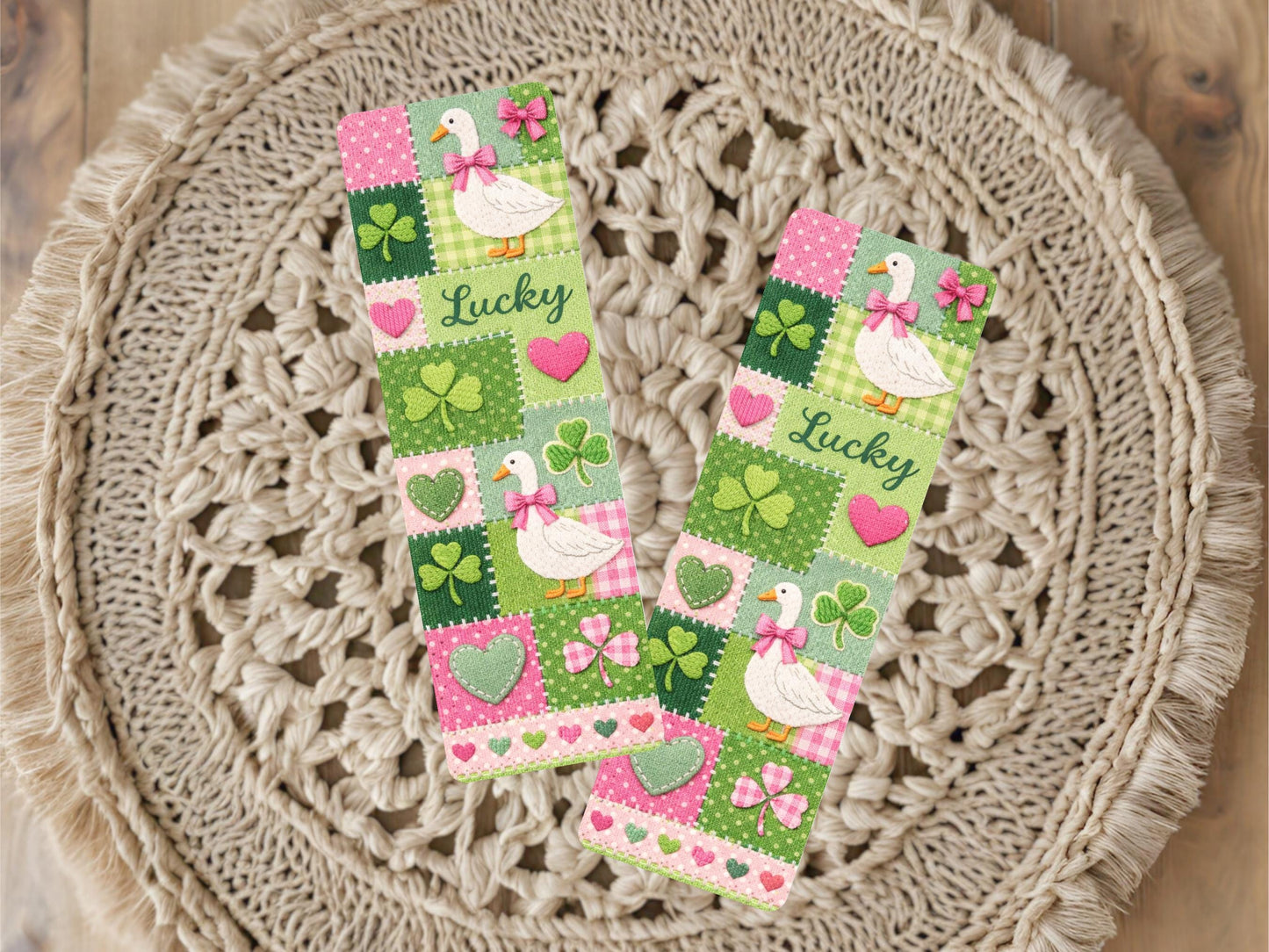 Clover Bookmark Patchwork Goose Design Lucky Charm Reading Accessory Pink Green Heart Irish Gift Tassel Book Marker Decorative Shamrock Book