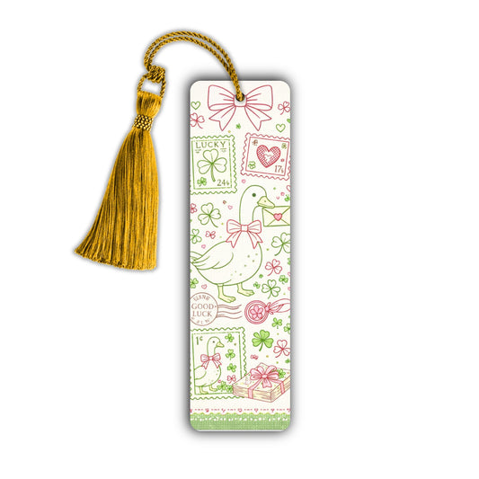 Patrick Day Bookmark Spring Theme Lucky Reading Accessory Gift Shamrock Book Marker Decorative Paper Design Gold Tassel Stamp Duck Bookmark