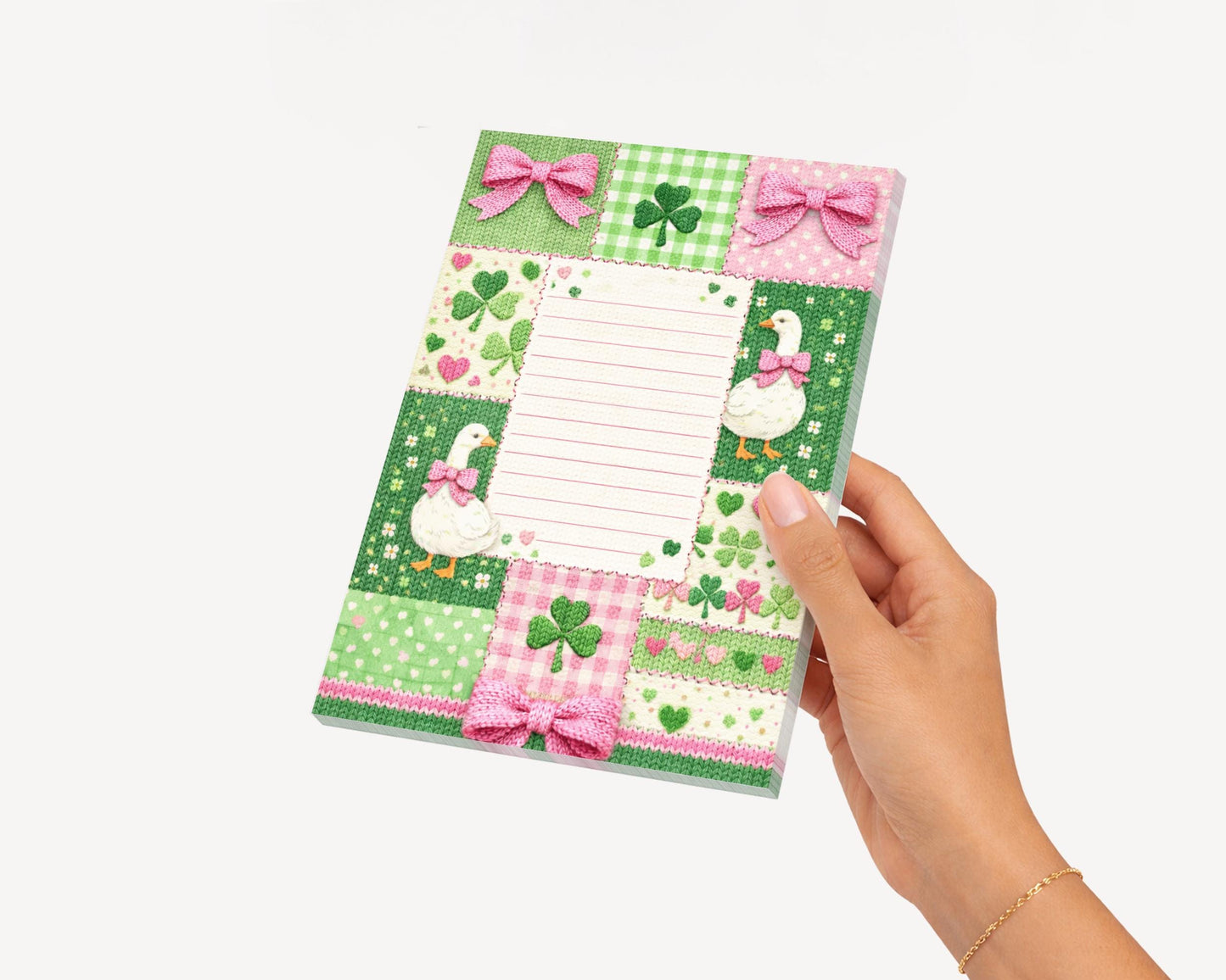 Shamrock Notepad Lined Paper Pad Desk Organization Office Supplies Writing Stationery Irish Design Clover Decoration Goose Motif Bow Accent