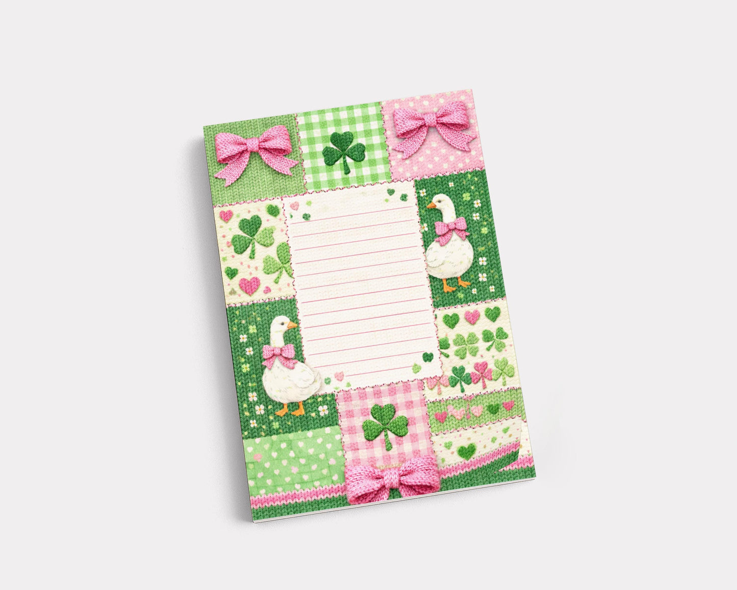 Shamrock Notepad Lined Paper Pad Desk Organization Office Supplies Writing Stationery Irish Design Clover Decoration Goose Motif Bow Accent