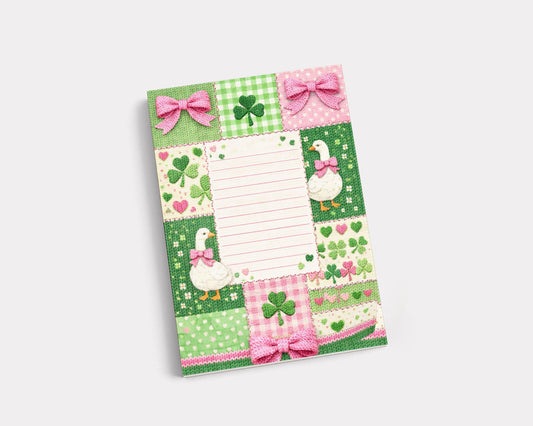 Shamrock Notepad Lined Paper Pad Desk Organization Office Supplies Writing Stationery Irish Design Clover Decoration Goose Motif Bow Accent