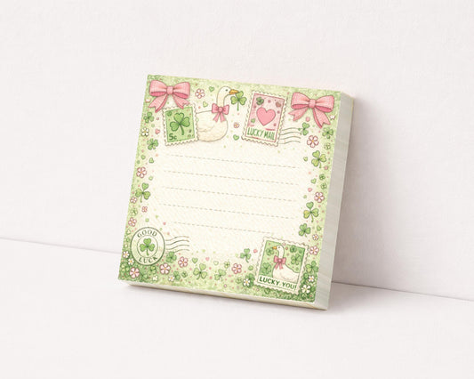 St Patricks Notepad Sticky Note Clover Design Stamp Detail Teacher Gift March Stationery Cottagecore Aesthetic Cloquette Style Desk Pad
