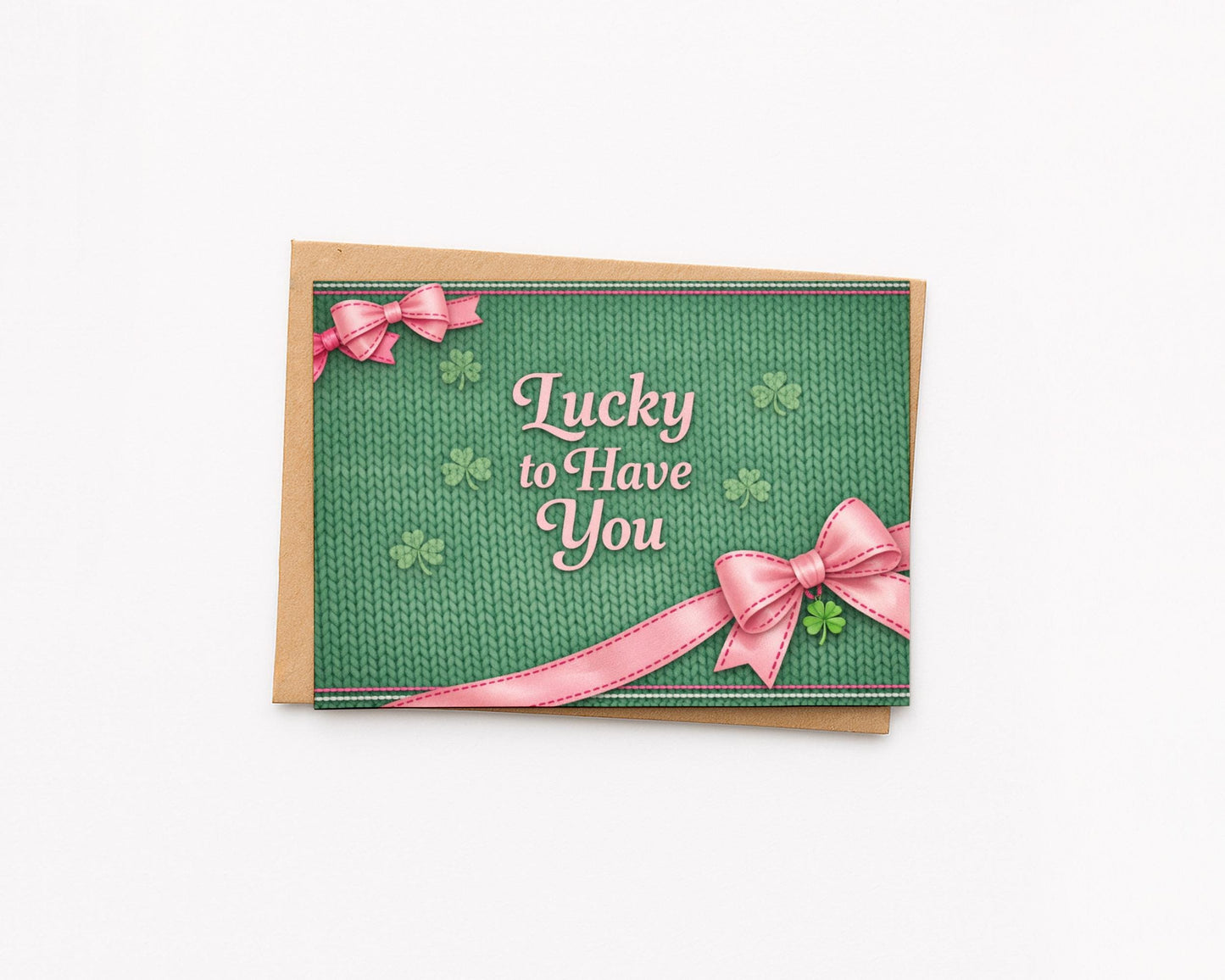 Shamrock Greeting Card Holiday Message Lucky Clover Knitted Design Irish Celebration Patrick Day Green Pink Ribbon Handmade Cloqette Kraft