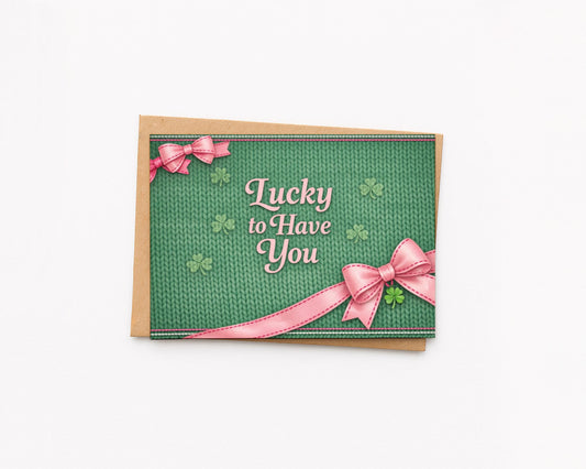 Shamrock Greeting Card Holiday Message Lucky Clover Knitted Design Irish Celebration Patrick Day Green Pink Ribbon Handmade Cloqette Kraft