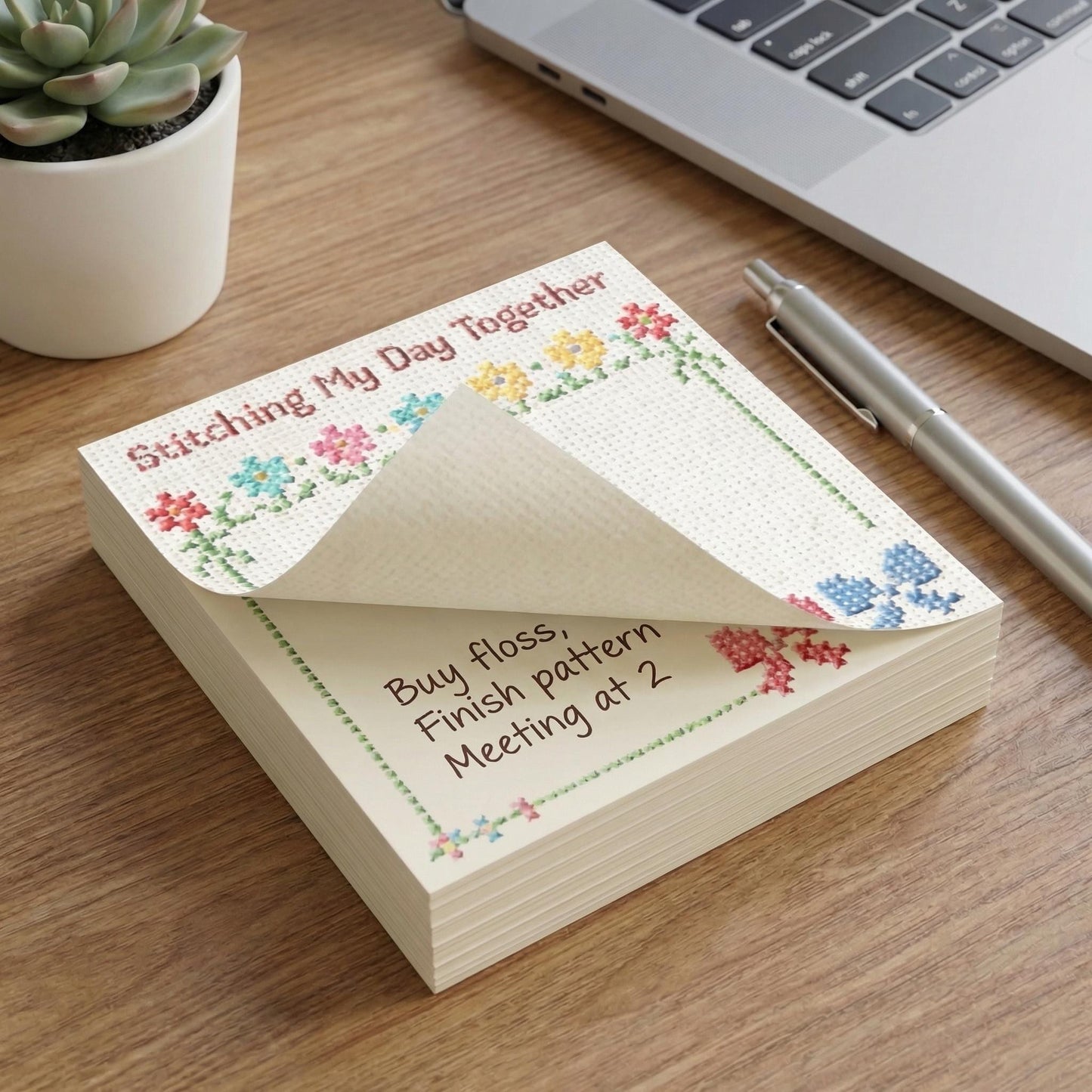 Cross Stitch Notepad Design Inspiration Craft Desk Accessory Organization Sticky Note Pad Floral Embroidery Theme Stationery Gift Sewing