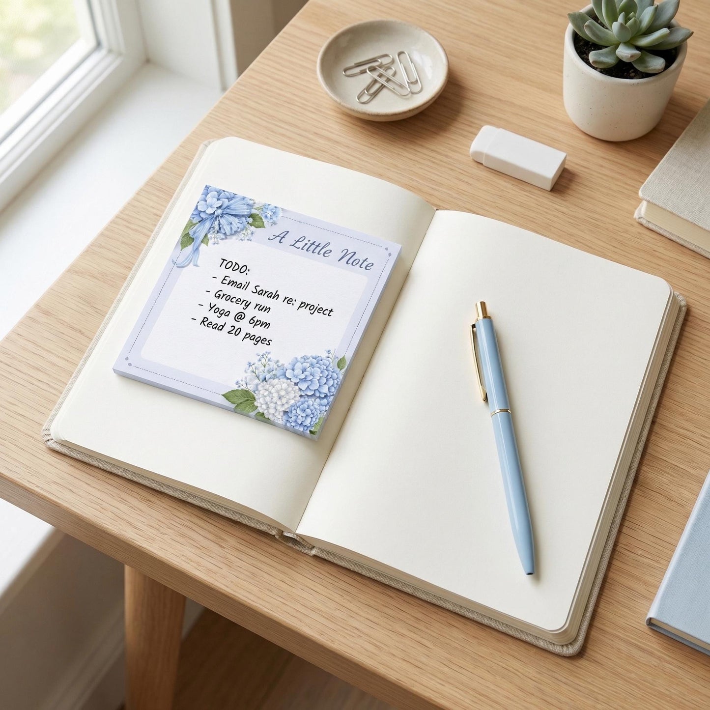 Blue Hydrangea Notepad Floral Design Sticky Note Pad Adhesive Desk Accessory Hydrangea Stationery Office Supply Vintage Style