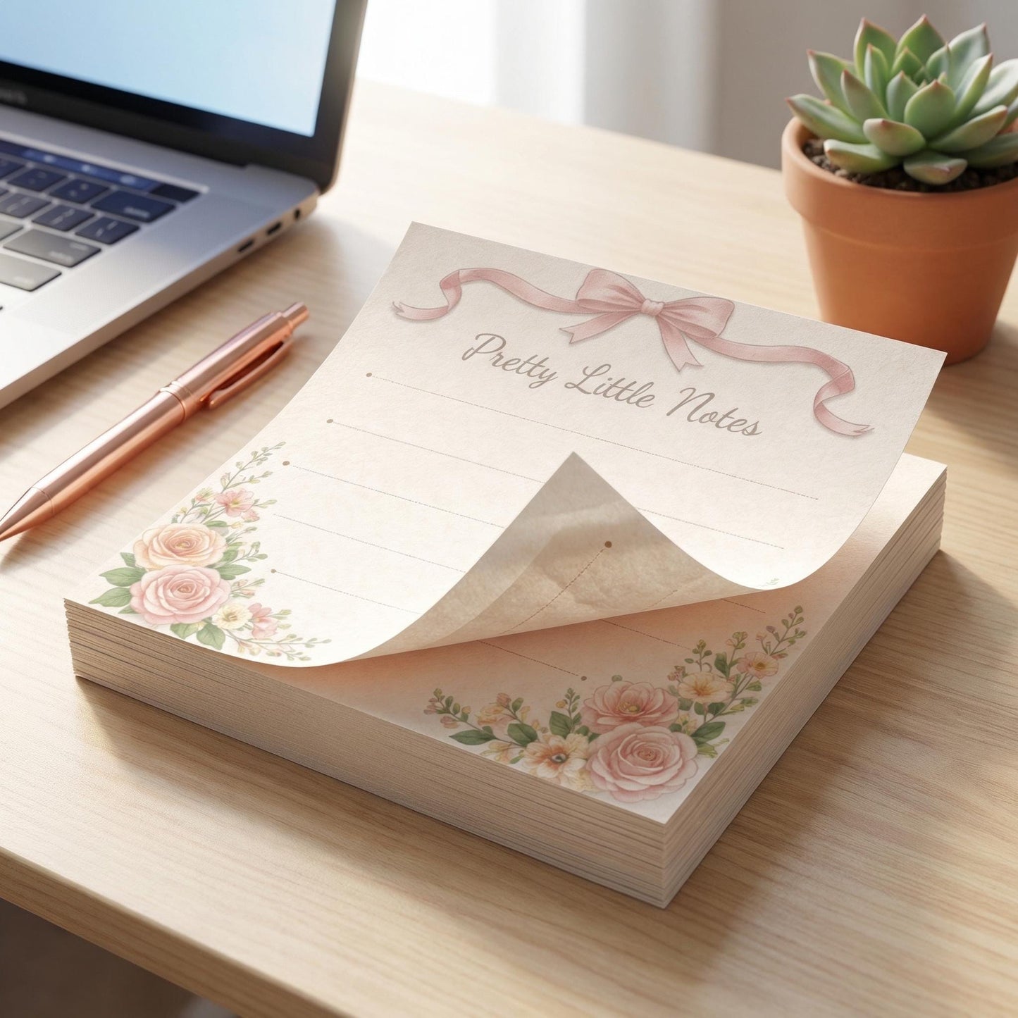 Pink Rose Notepad Floral Design Bow Aesthetic Coquette Stationery Pretty Little Notes Pad Pink Bow Ribbon Decoration Desk Accessory Office
