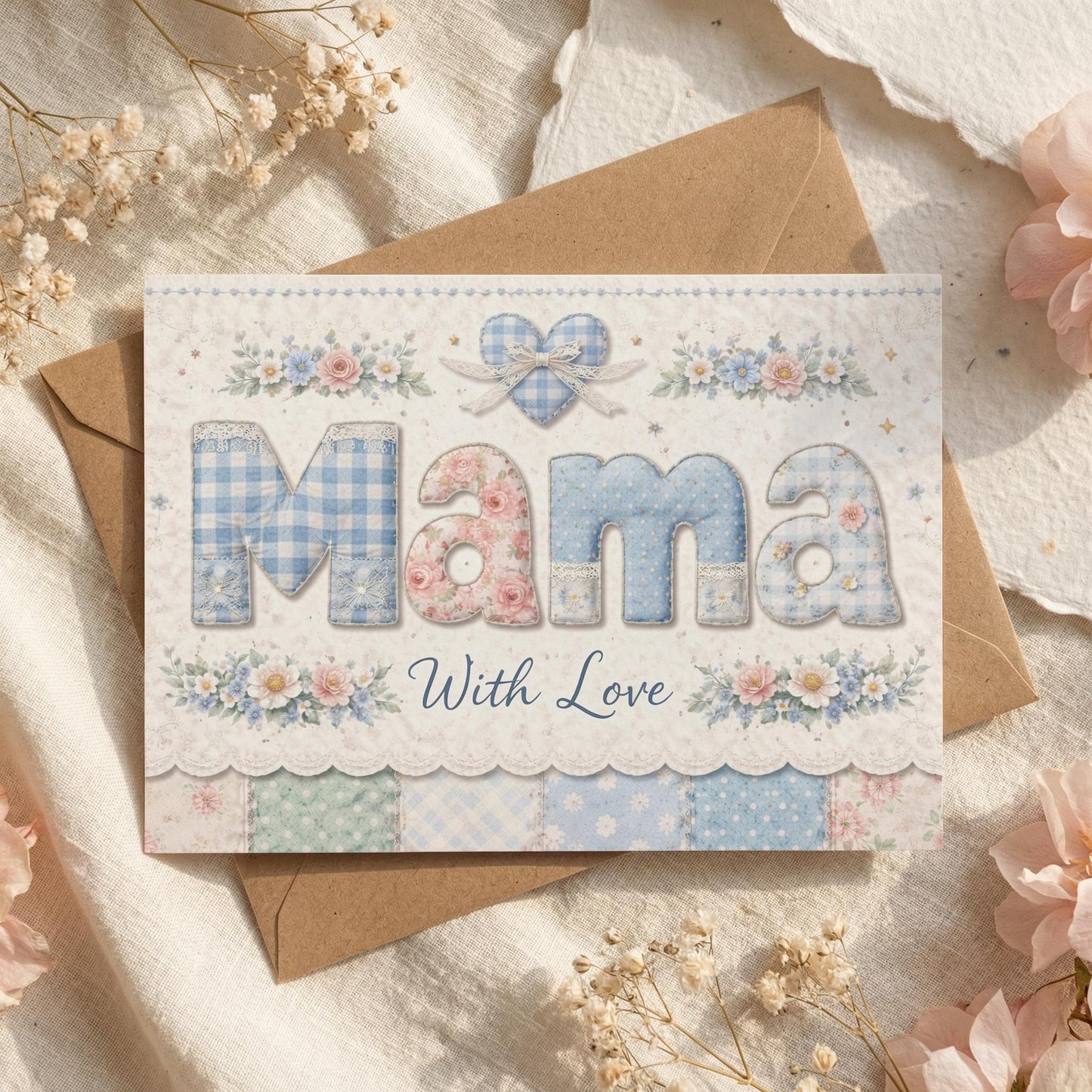 Mama Greeting Card Floral Design Patchwork Heart Gingham Style Pastel Blue Pink Lettering Love Message Handmade Stationery Birthday Gift