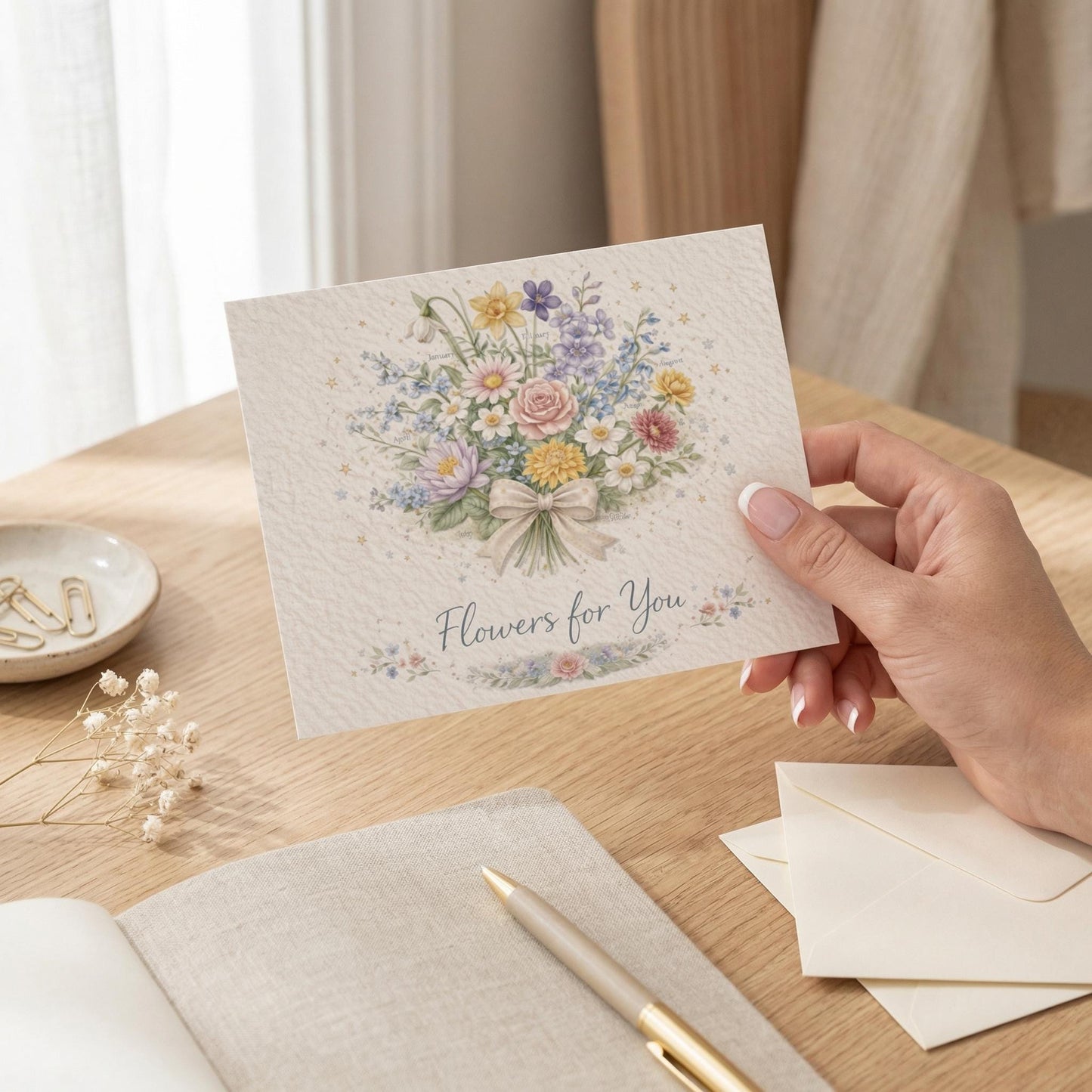 Watercolor Flower Card Birthday Gift Thank You Sympathy Note Writing Set Botanical Illustration Floral Design Greeting Stationery Kraft