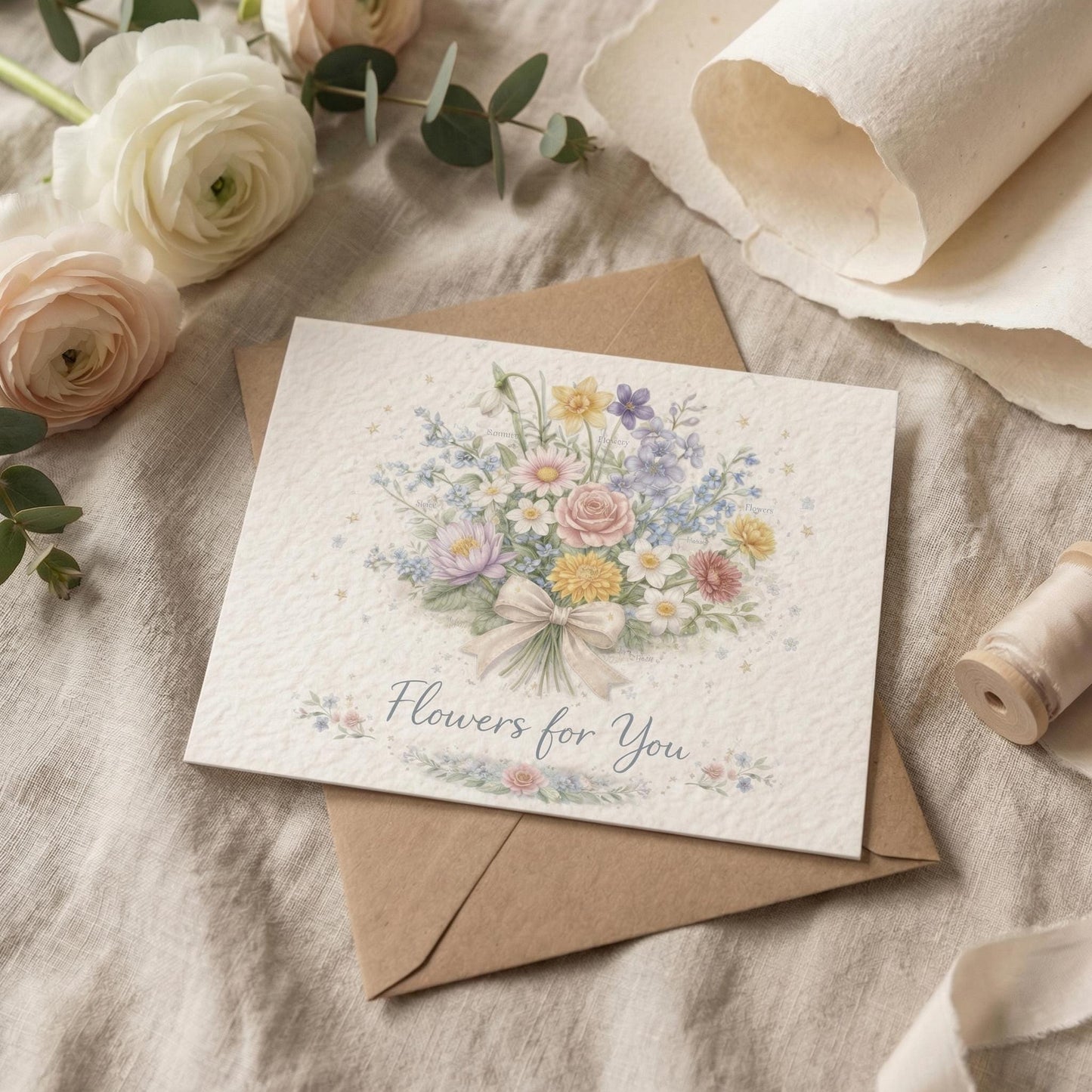 Watercolor Flower Card Birthday Gift Thank You Sympathy Note Writing Set Botanical Illustration Floral Design Greeting Stationery Kraft