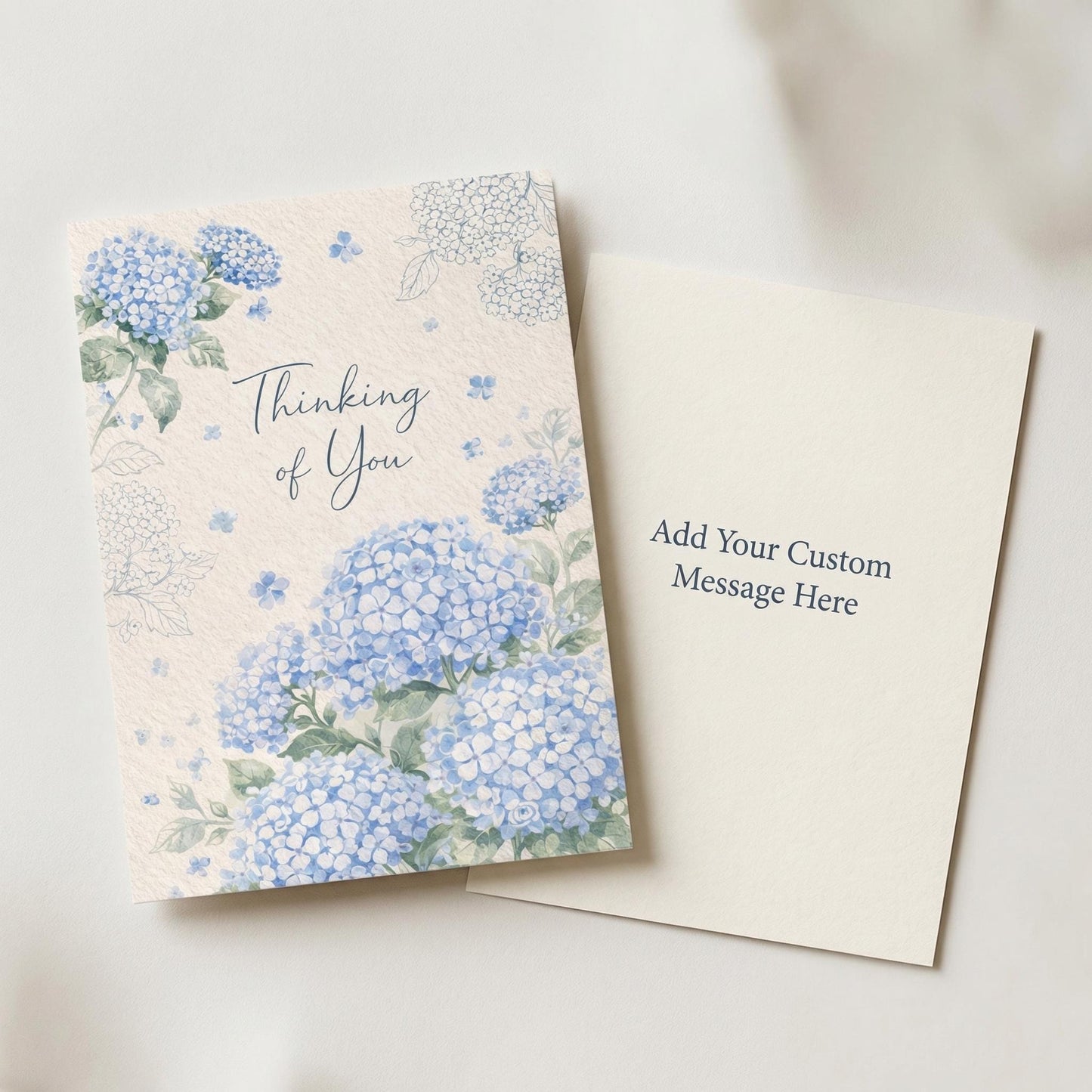 Blue Hydrangea Notecard Floral Design Botanical Illustration Sympathy Card Thinking Message Custom Stationery Faux Textured Paper Premium