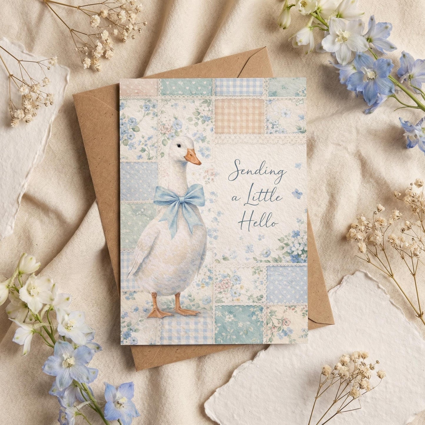 Goose Greeting Card Hello Note Blue Bow Tie Design Bird Stationery Item Set Cute Animal Notecard Collection Thinking Friend Cardstock