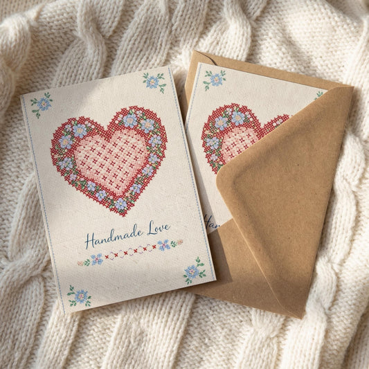 Cross Stitch Notecard Handmade Design Heart Stationery Floral Greeting Card Aesthetic Vintage Craft Revival Style Cottagecore Embroidery