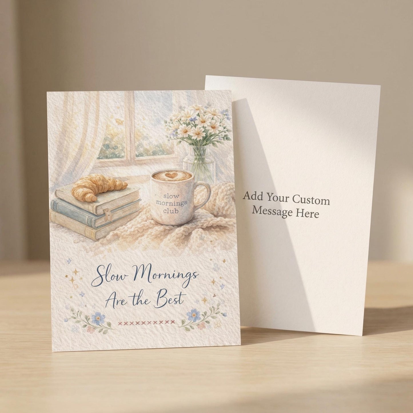 Watercolor Greeting Card Coffee Illustration Stationery Gift Slow Morning Club Bookish Theme Birthday Friendship Message Custom Note Book