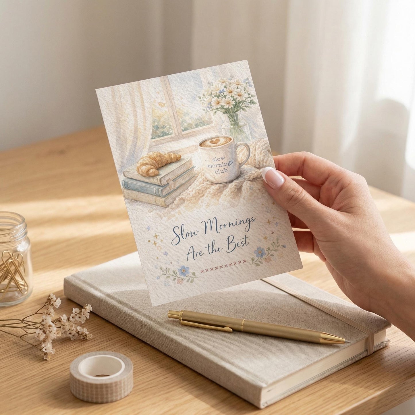 Watercolor Greeting Card Coffee Illustration Stationery Gift Slow Morning Club Bookish Theme Birthday Friendship Message Custom Note Book