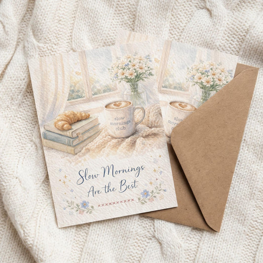 Watercolor Greeting Card Coffee Illustration Stationery Gift Slow Morning Club Bookish Theme Birthday Friendship Message Custom Note Book