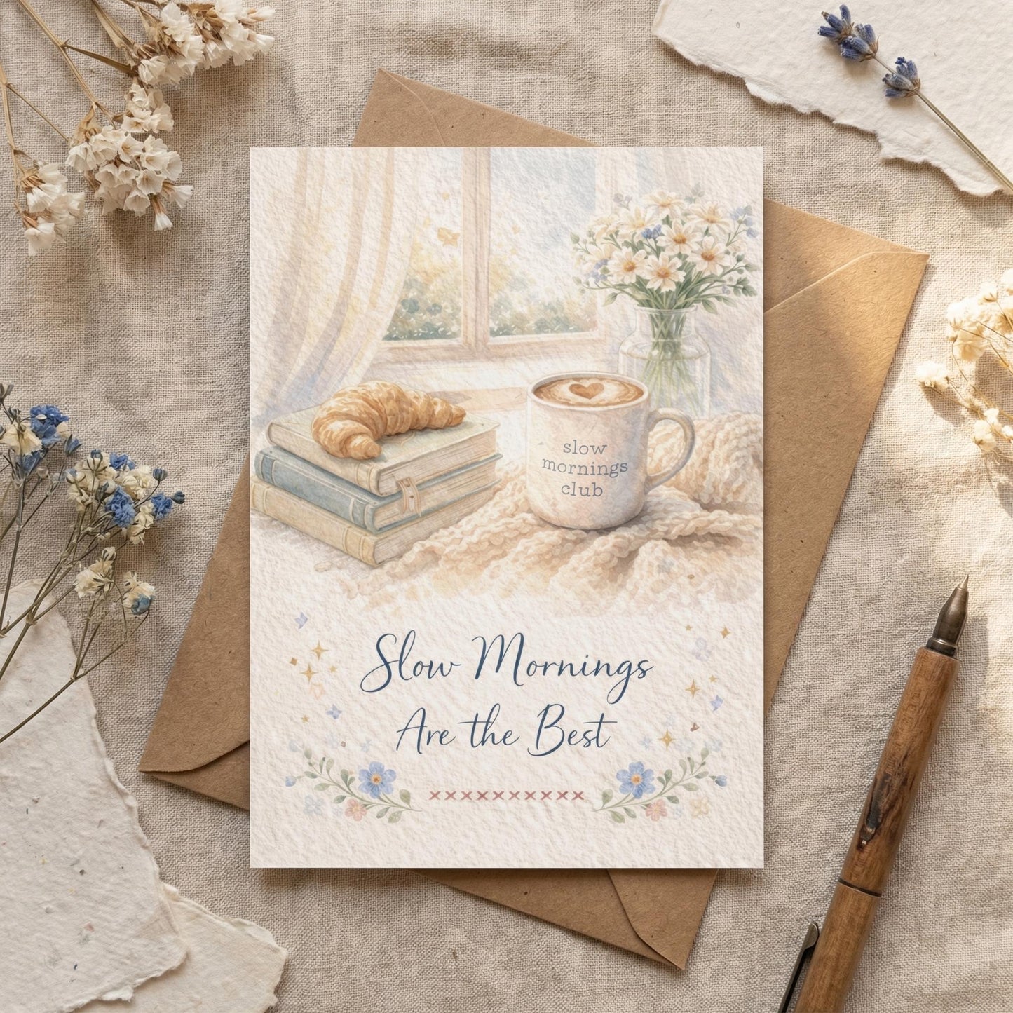 Watercolor Greeting Card Coffee Illustration Stationery Gift Slow Morning Club Bookish Theme Birthday Friendship Message Custom Note Book