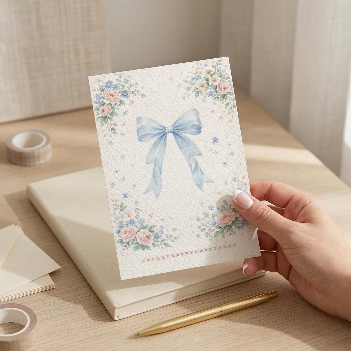 Watercolor Greeting Card Floral Birthday Gift Idea Custom Message Blank Back Wedding Thank You Note Botanical Illustration Rose Design