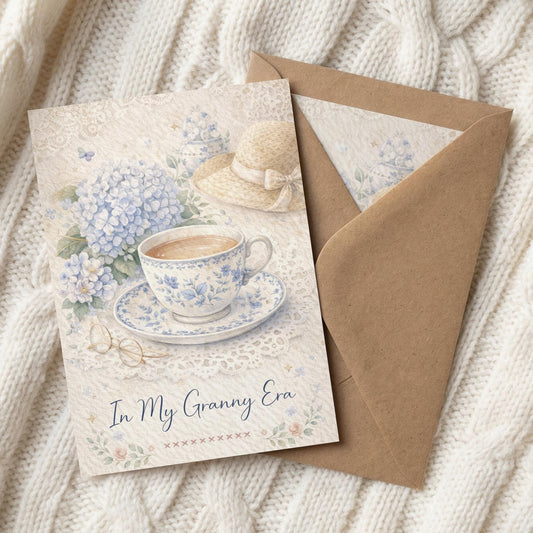 Granny Era Card Tea Party Invitation Design Floral Watercolor Greeting Note Vintage Cup Illustration Cottagecore Garden Hydrangea Birthday