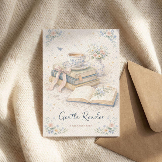 Book Lover Card Reading Gift Bibliophile Birthday Greeting Note Literary Stationery Vintage Illustration Pastel Design Gentle Reader Bookish