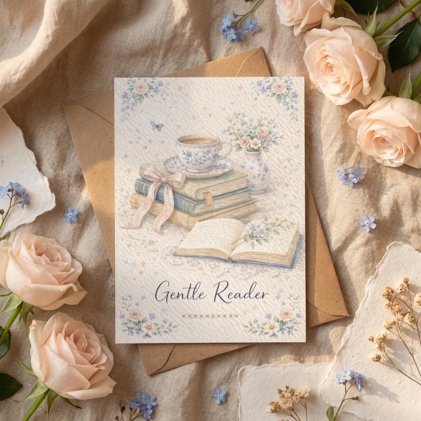 Book Lover Card Reading Gift Bibliophile Birthday Greeting Note Literary Stationery Vintage Illustration Pastel Design Gentle Reader Bookish