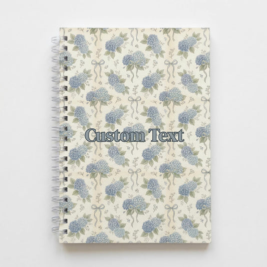 Grandmillennial Spiral Notebook Blue Hydrangea Journal Design Custom Stationery Gift Idea Vintage Floral Writing Ribbon Bow Cottagecore