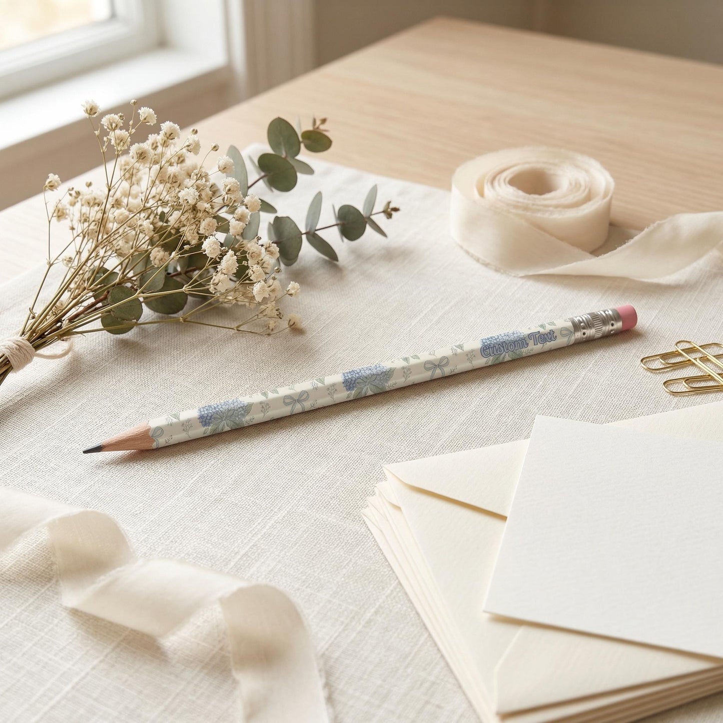 Personalized Wooden Pencil Blue Hydrangea Stationery Set Custom Text Student Supply Teacher Gift Idea Classroom Writing Tool Desk Accessory