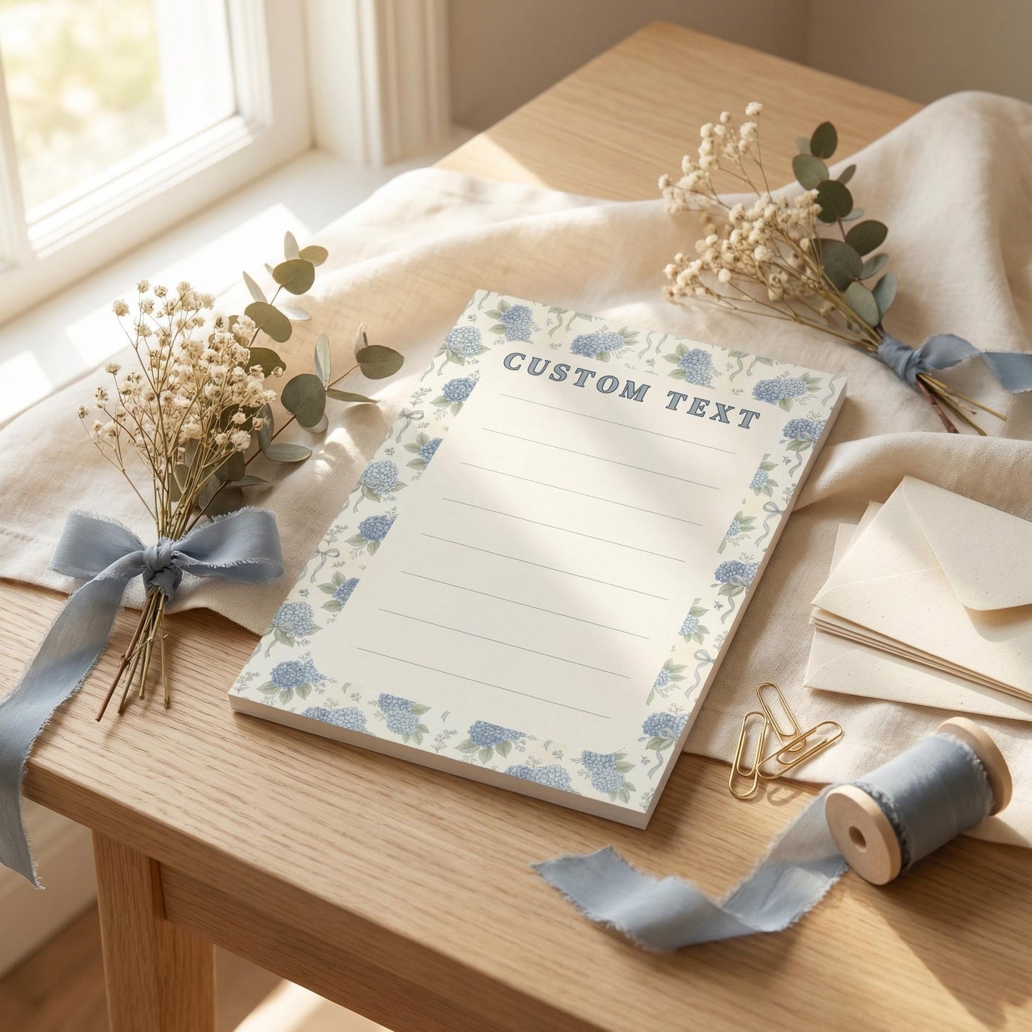 Personalized Floral Notepad Custom Stationery Blue Hydrangea Vintage Botanical Desk Accessory Daily Writing Lined Paper Premium Quality Gift