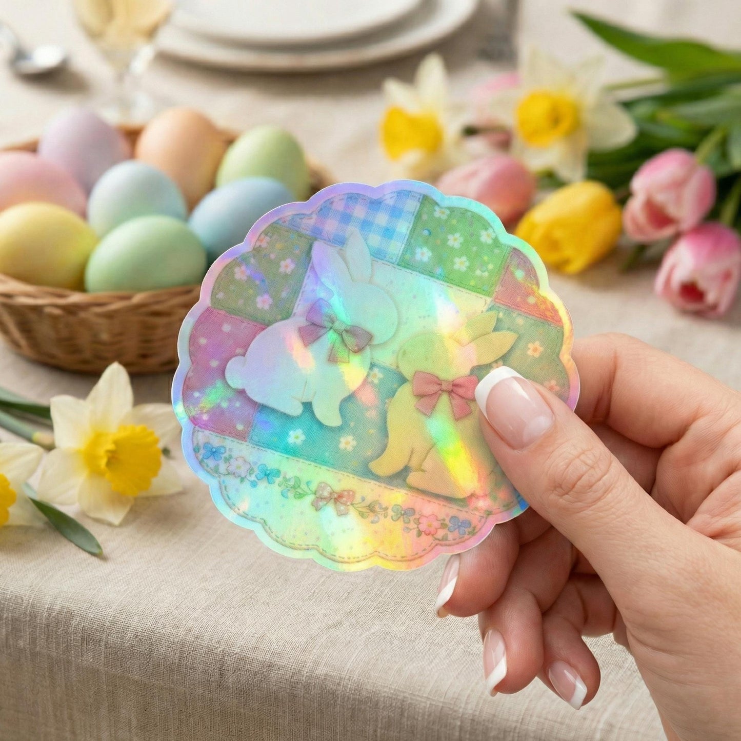 Easter Bunny Sticker Pastel Rabbit Patchwork Pattern Vinyl Waterproof Bunny Art Scalloped Edge Design Cloqette Spring Holiday Craft